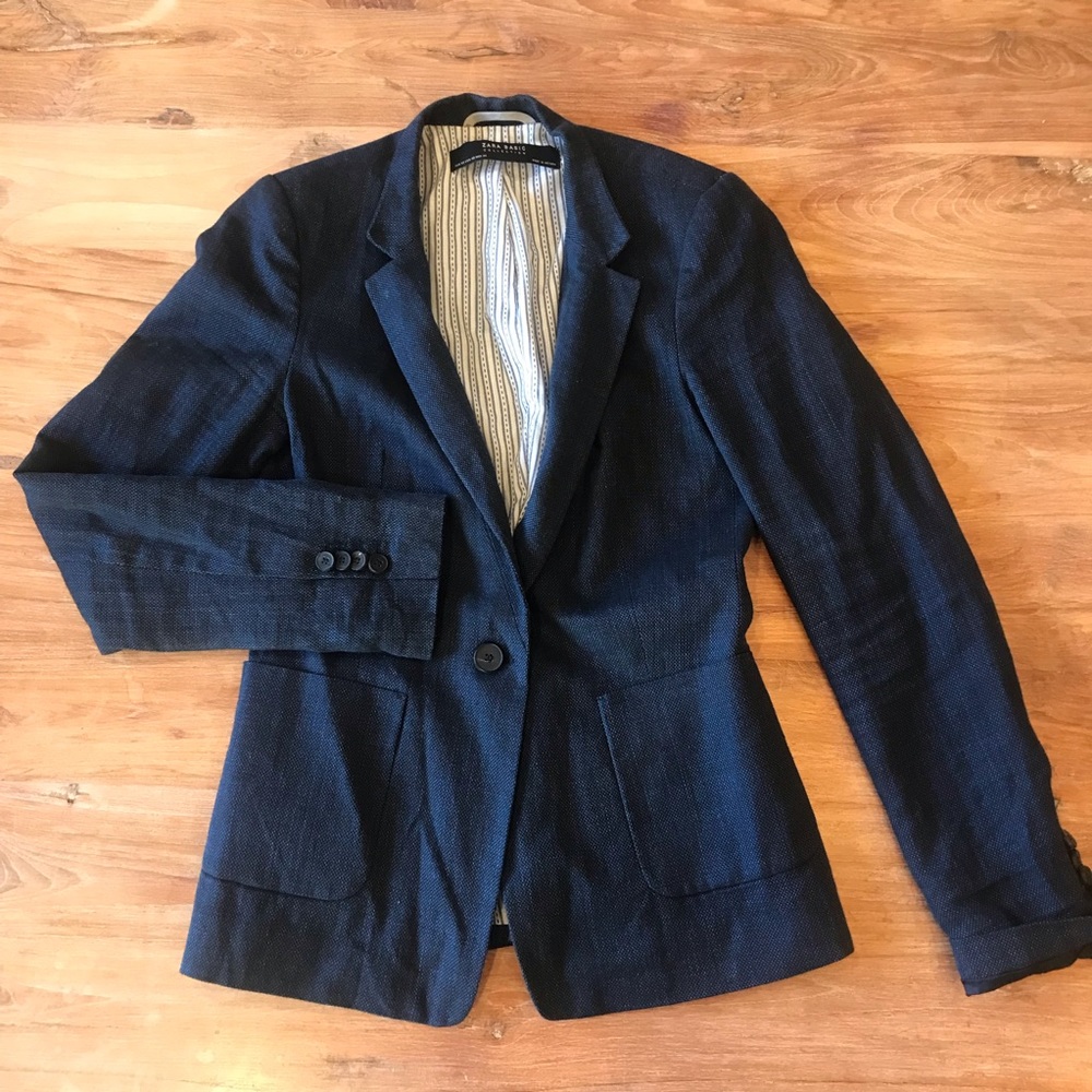 Zara Basics Navy Linen Blazer